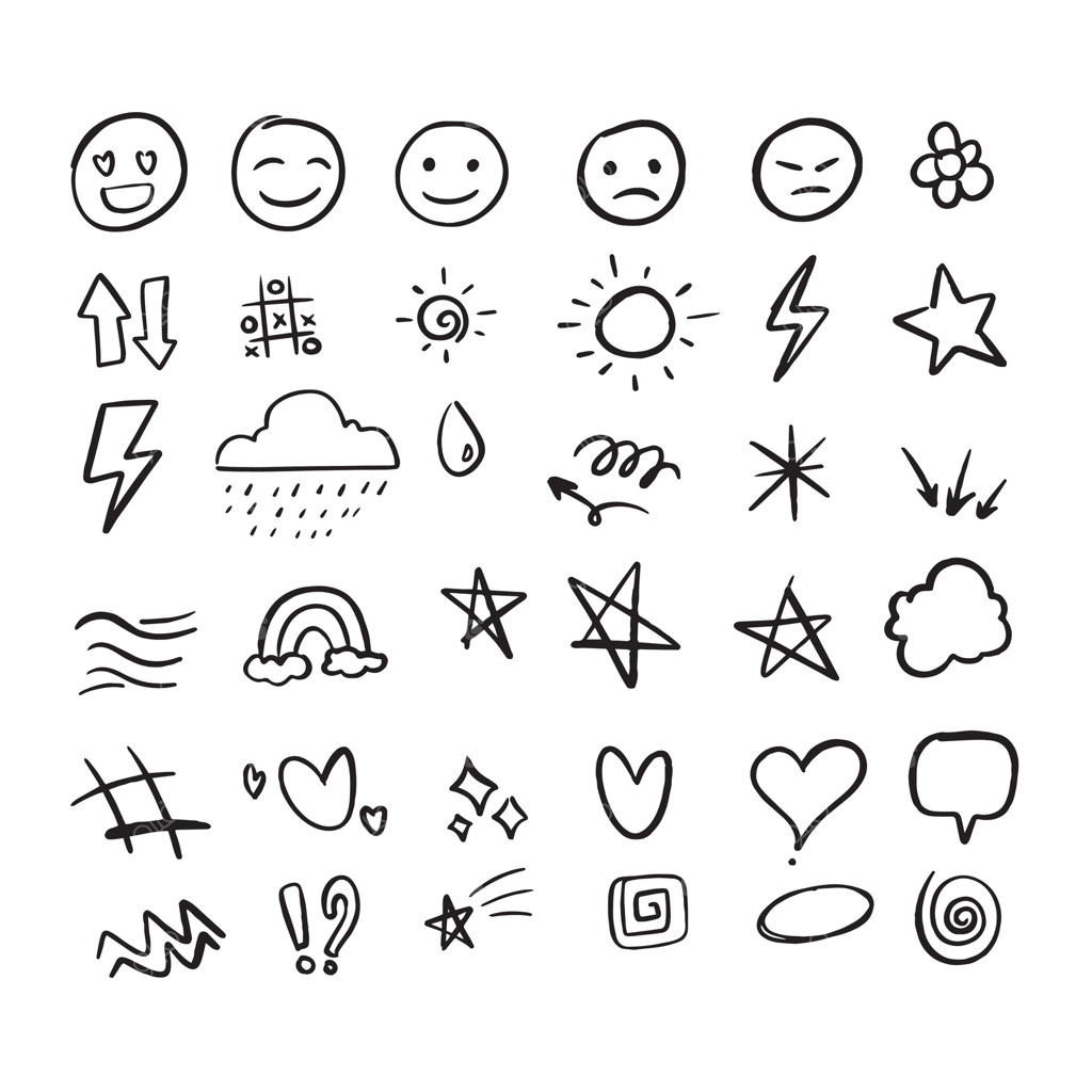 مجموعه آیکون‌های نقاشی شده؛ ایموجی‌ها، آب و هوا، پیکان‌ها، قلب‌ها و ستاره‌ها روی زمینه سفید