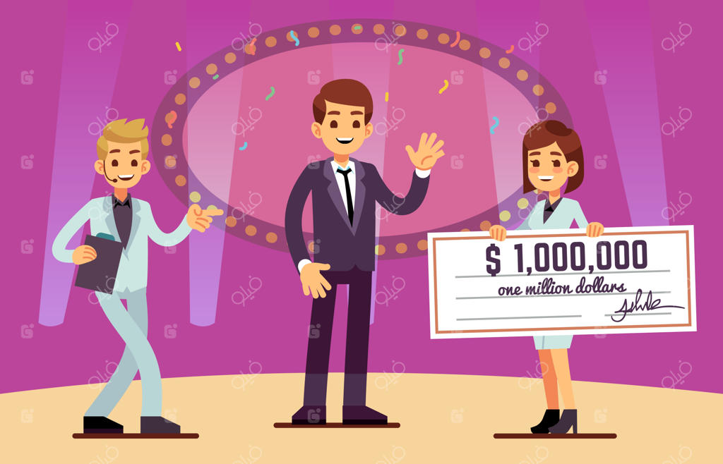 برنده خوش‌شانس لاتاری با جایزه چک بانکی. مرد خوشحال روی صحنه، دختر جذاب با جایزه. برنده خوش‌شانس در مسابقه یا برنامه‌ی تلویزیونی، بردن جایزه بزرگ. تصویرسازی از برنده شدن در لاتاری.