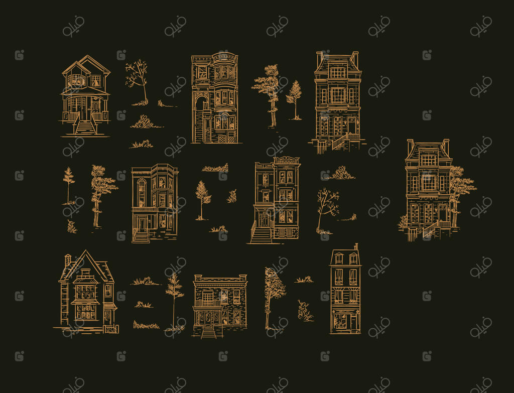 طرح خانه‌ها و درختان باغ به سبک قدیمی و وینتیج بر روی زمینه قهوه‌ای. ترکیب خود را ایجاد کنید.