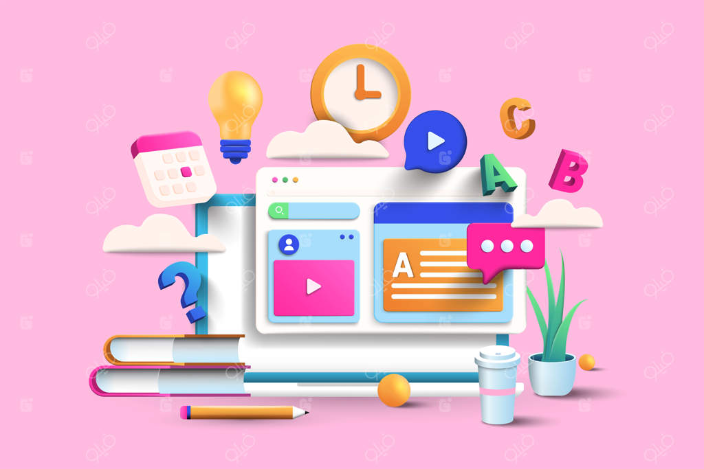 تصویرسازی آموزش آنلاین با پس‌زمینه صورتی