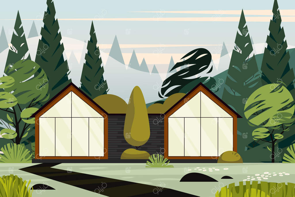 خانه شیشه‌ای مدرن با تراس و باغ در میان درختان و کوه‌ها: مسکن دوستدار محیط زیست، املاک و گردشگری تماشایی. طراحی صاف از چشم‌انداز.