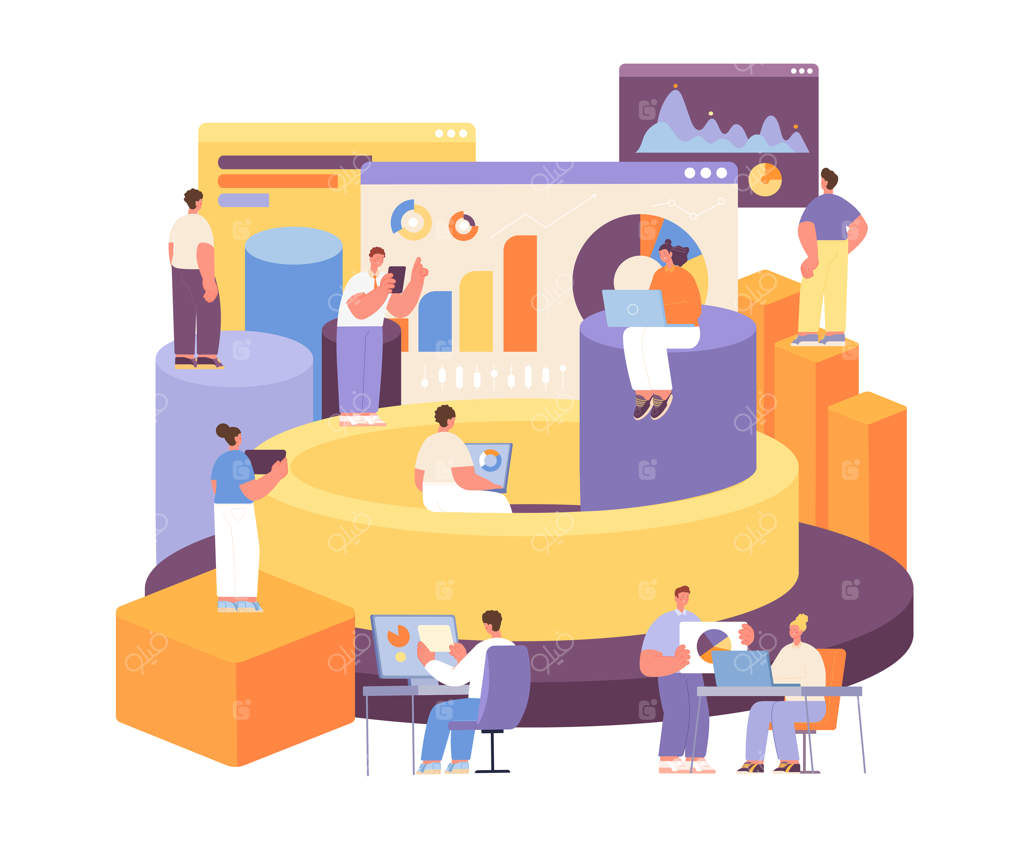 ترکیب سه‌بعدی شخصیت‌های تحلیلی: فناوری کسب‌وکار و اطلاعات مالی دیجیتال، افراد در حال مطالعه یا کار با نمودارها