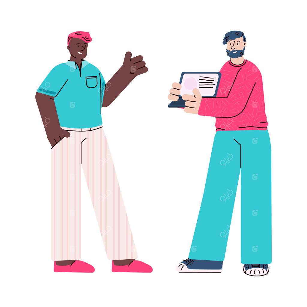 دو نفر در حال نگاه کردن به صفحه لپ‌تاپ - انیمیشن همکاران مرد