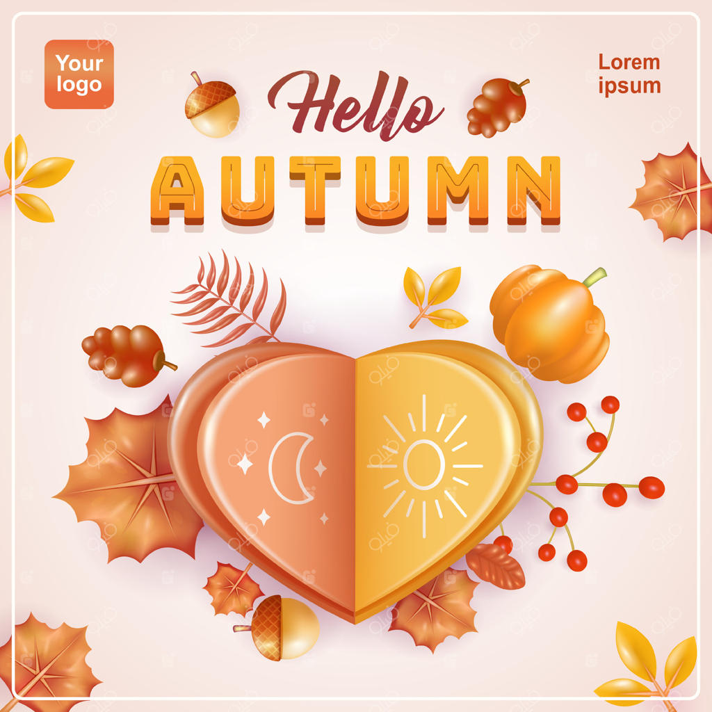 سلام پاییز. کارت تبریک کاغذی به شکل قلب با تصاویر روز و شب، همراه با عناصر برگ‌های پاییزی، کدو تنبل و دانه‌ها