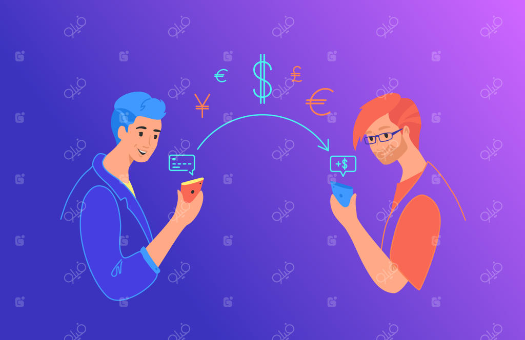 ارسال پول: تصویر نئونی وکتور برای طراحی وب و موبایل. مردی که با استفاده از تلفن هوشمند از کارت اعتباری به کیف پول دیجیتال دوستش پول می‌فرستد. نوجوانان با نمادهای مالی