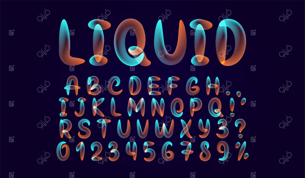 حروف الفبای رنگین: فونت با طرح مایع در حال ذوب، طراحی سه بعدی بر روی پس‌زمینه سیاه