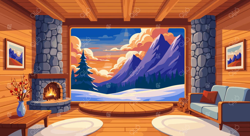 نمای داخلی کلبه چوبی دنج با پنجره‌ای بزرگ رو به چشم‌انداز کوهستانی خیره‌کننده در غروب