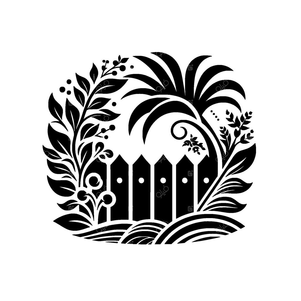 تصویر دایره‌ای تزیینی سیاه و سفید از صحنه‌ای در باغ با حصار چوبی و شاخ و برگ سرسبز که حس و حال کلاسیک را تداعی می‌کند.