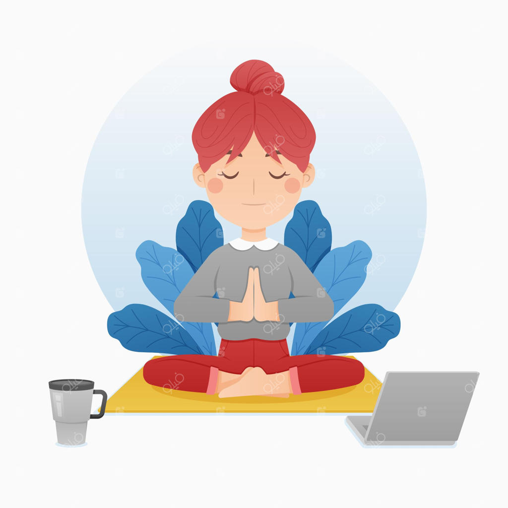 شخصیت کارتونی در حال مدیتیشن در محیط کاری