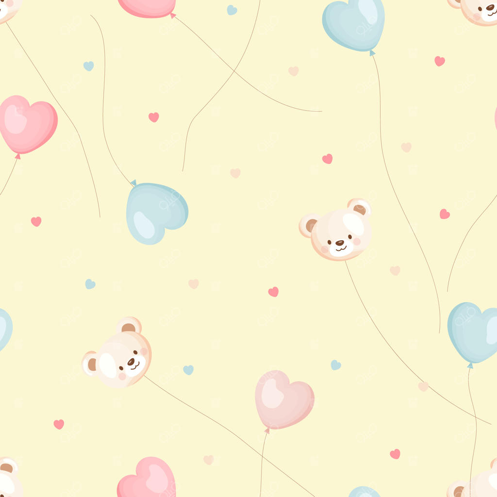 پترن یکپارچه با خرس‌های عروسکی و بادکنک‌های قلبی بر روی زمینه زرد