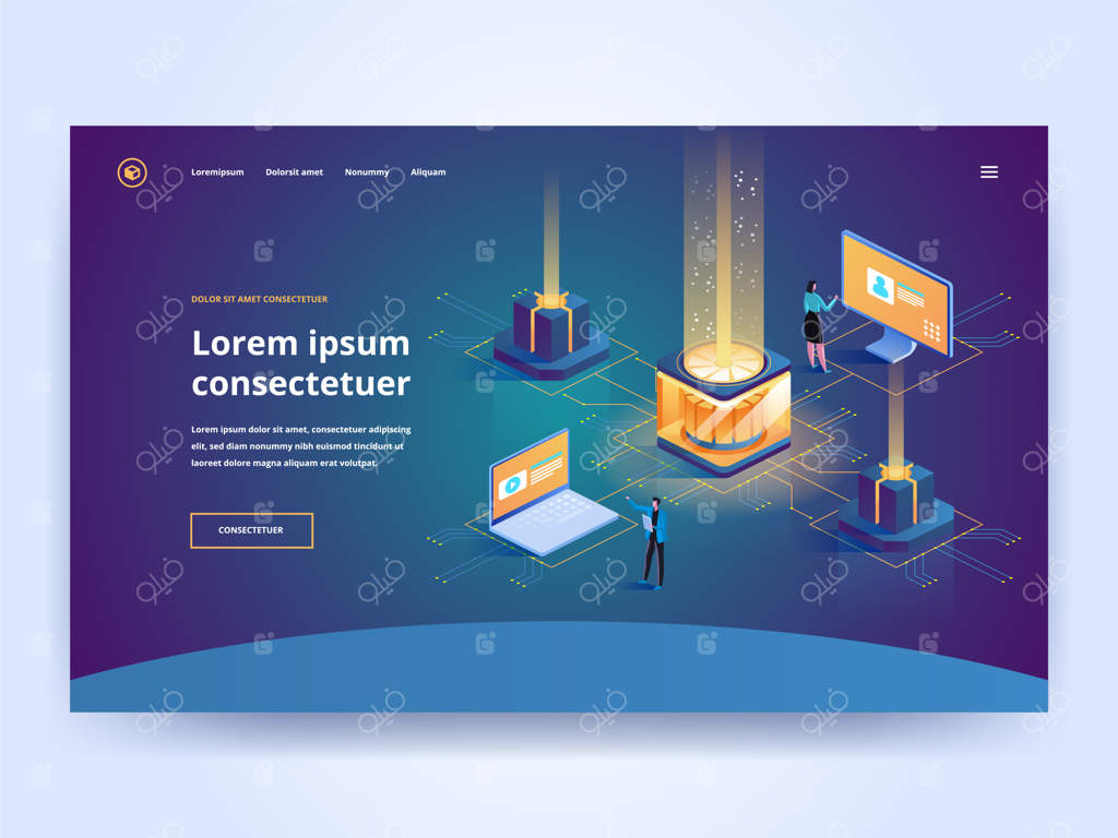 پترن صفحه فرود خدمات هاستینگ اینترنت با تصاویر ایزومتریک فناوری کامپیوتر