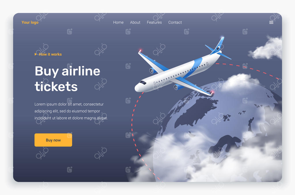 هواپیمای ایزومتریک در حال پرواز و ابرها بر فراز زمین: طراحی قالب صفحه فرود