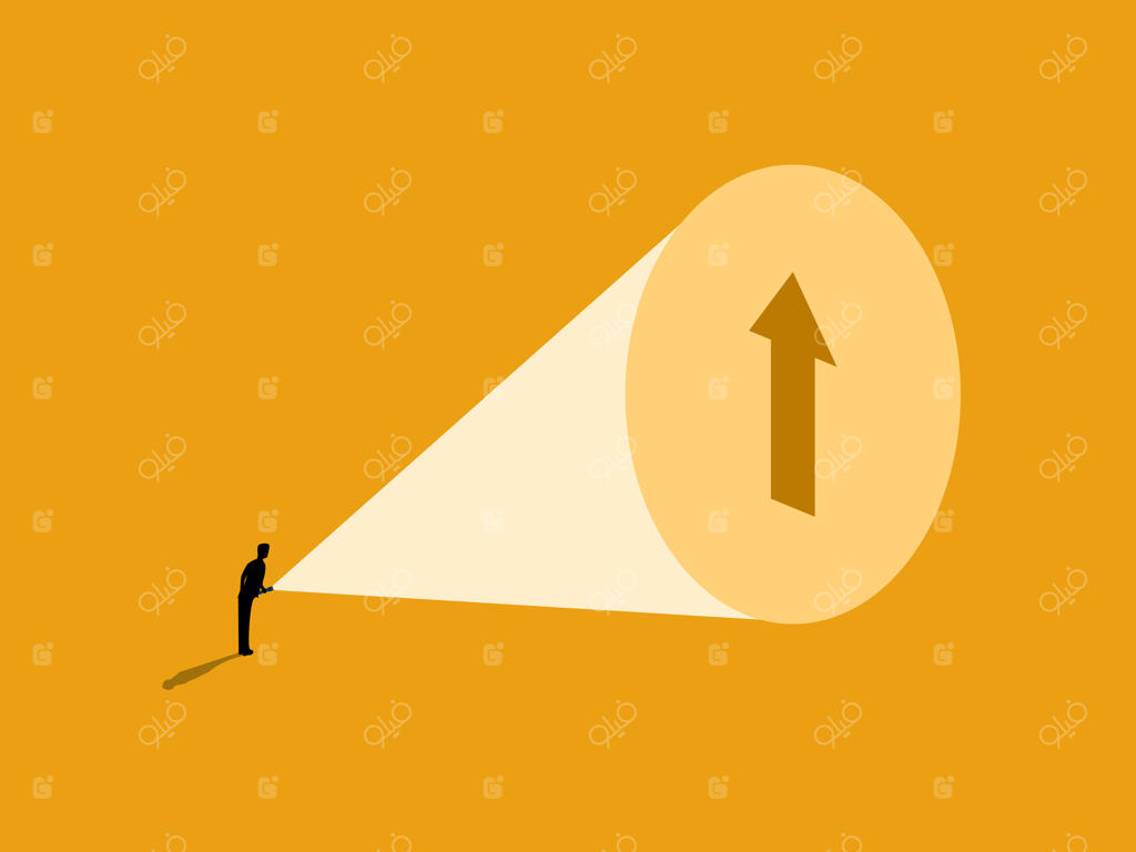 راه موفقیت: تاجری با چراغ قوه سایه یک پیکان را مشاهده می‌کند.