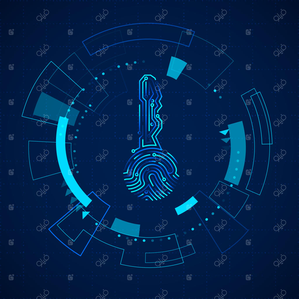 عناصر نمایشی آینده‌نگر: پانل لمسی صفحه‌نمایش علمی‌تخیلی. هولوگرام اثر انگشت مدار کلید. تصویر برداری برداری