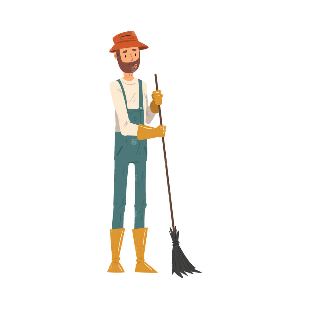 مرد باغبان با جارو، شخصیت خوشحال کشاورز مرد با ظاهر یکپارچه کار در باغ یا مزرعه - تصویرسازی