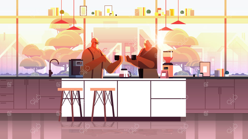 زوج مسن در حال نوشیدن قهوه و گفتگو در آشپزخانه خانه - تصویر برداری افقی