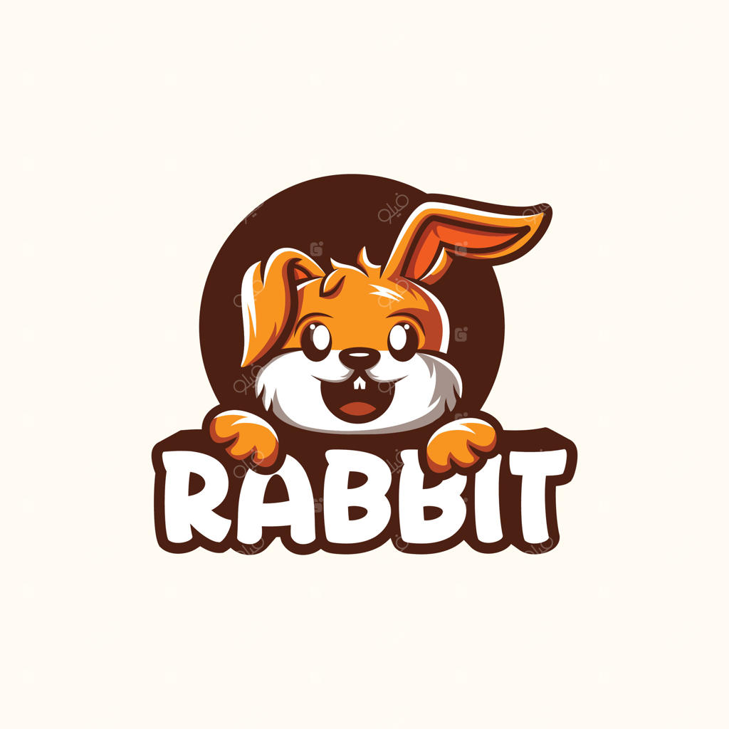 طراحی لوگوی شاد برای نشان خرگوش کارتونی، شاد و سرزنده، در رنگ‌های نارنجی و قهوه‌ای