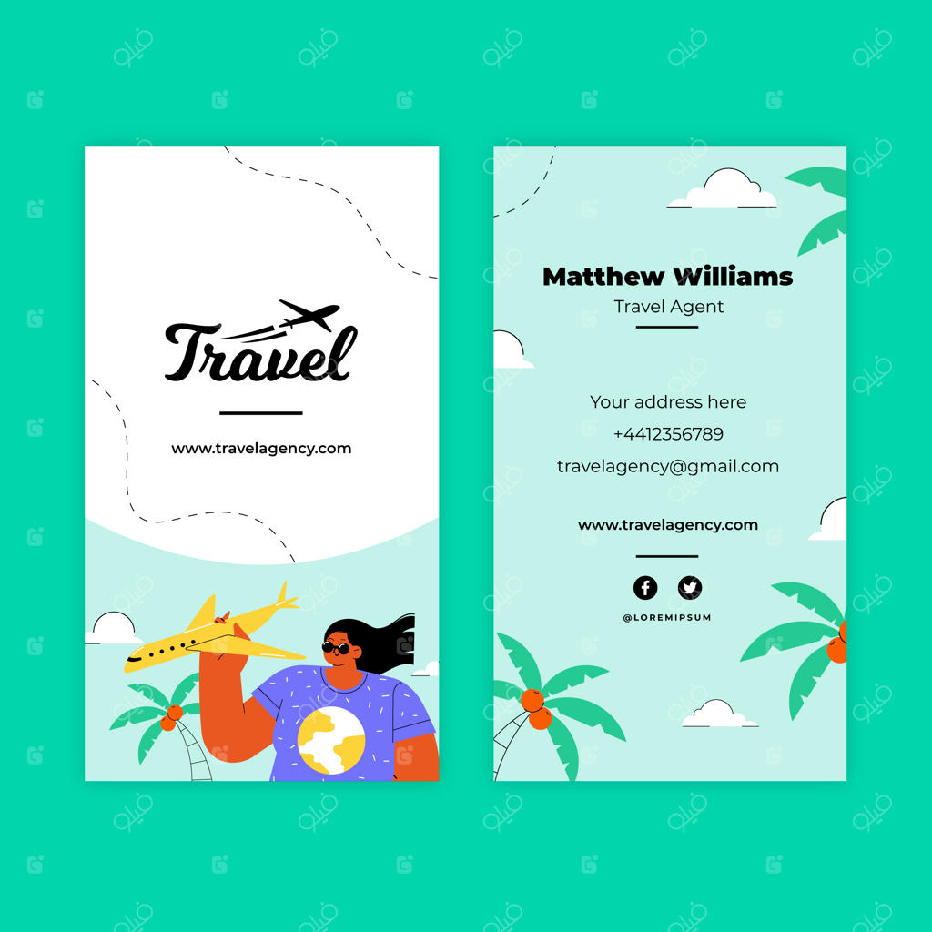 کارت ویزیت عمودی دست‌ساز آژانس مسافرتی