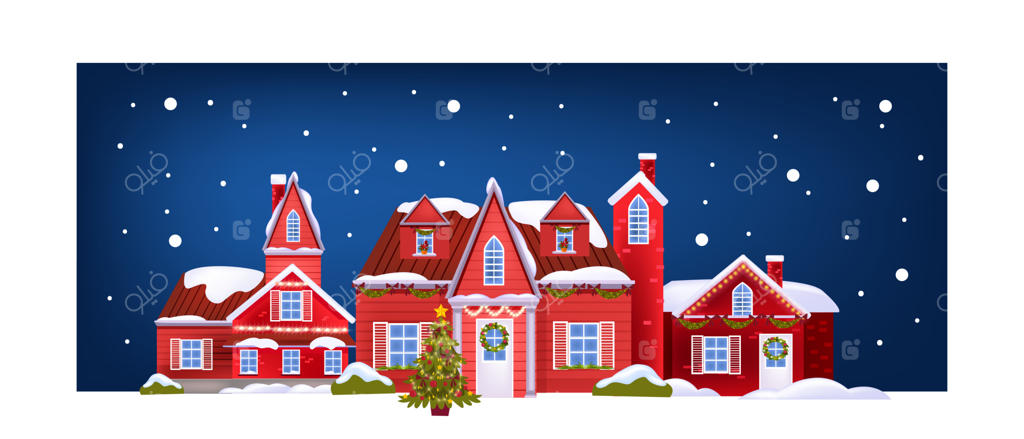 کارت پستال کریسمس با نماهای قرمز ساختمان‌ها، درخت کریسمس تزئین‌شده و برف. بنری از معماری جشنی با خیابان‌شهر در غروب. کارت پستال خانه کریسمس و سال نو 2021.