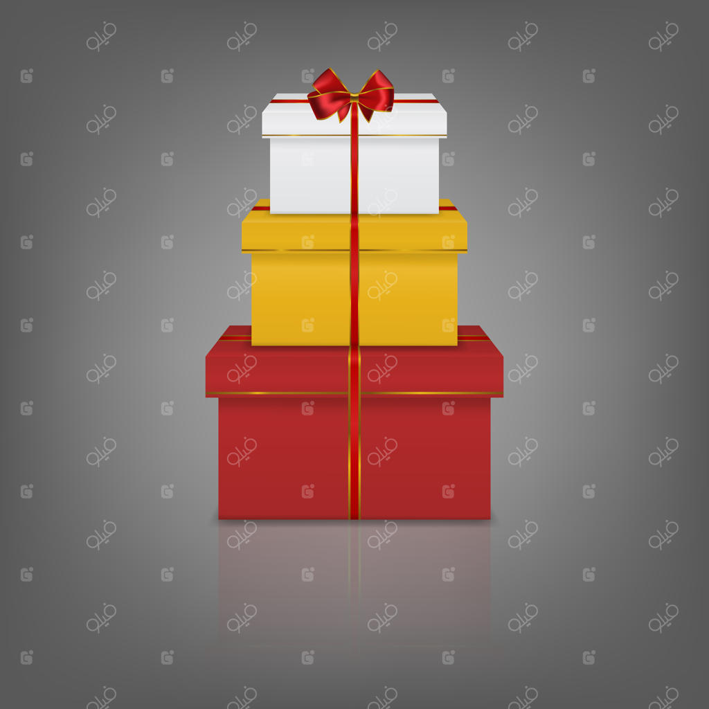 چیدمان سه جعبه کادویی واقعی با روبان و پاپیون قرمز