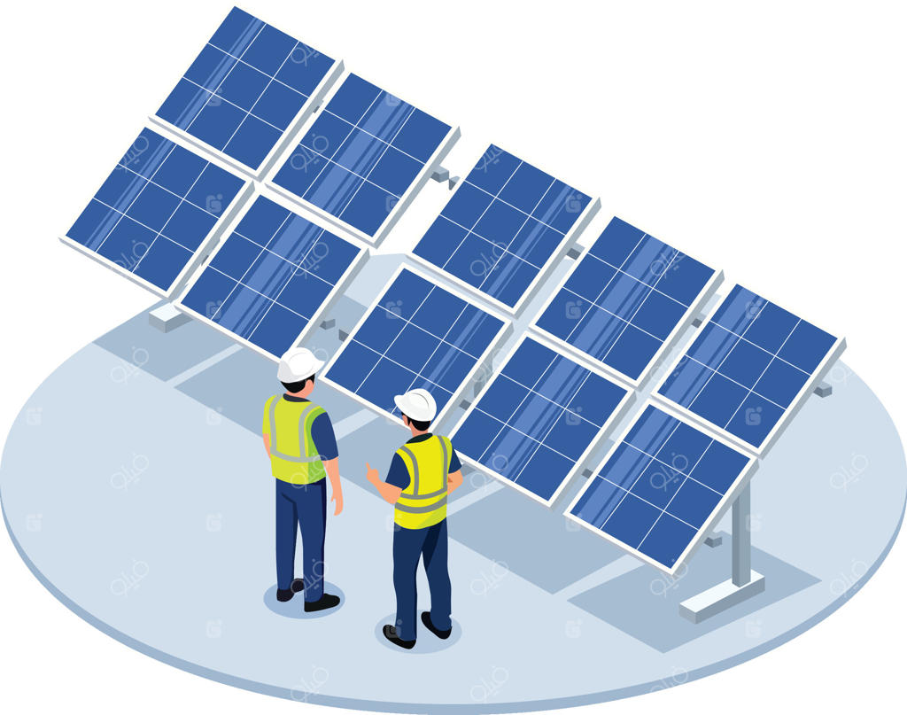 دو کارگر به بررسی پنل‌های خورشیدی در تاسیسات انرژی تجدیدپذیر می‌پردازند و همکاری و نوآوری را به نمایش می‌گذارند