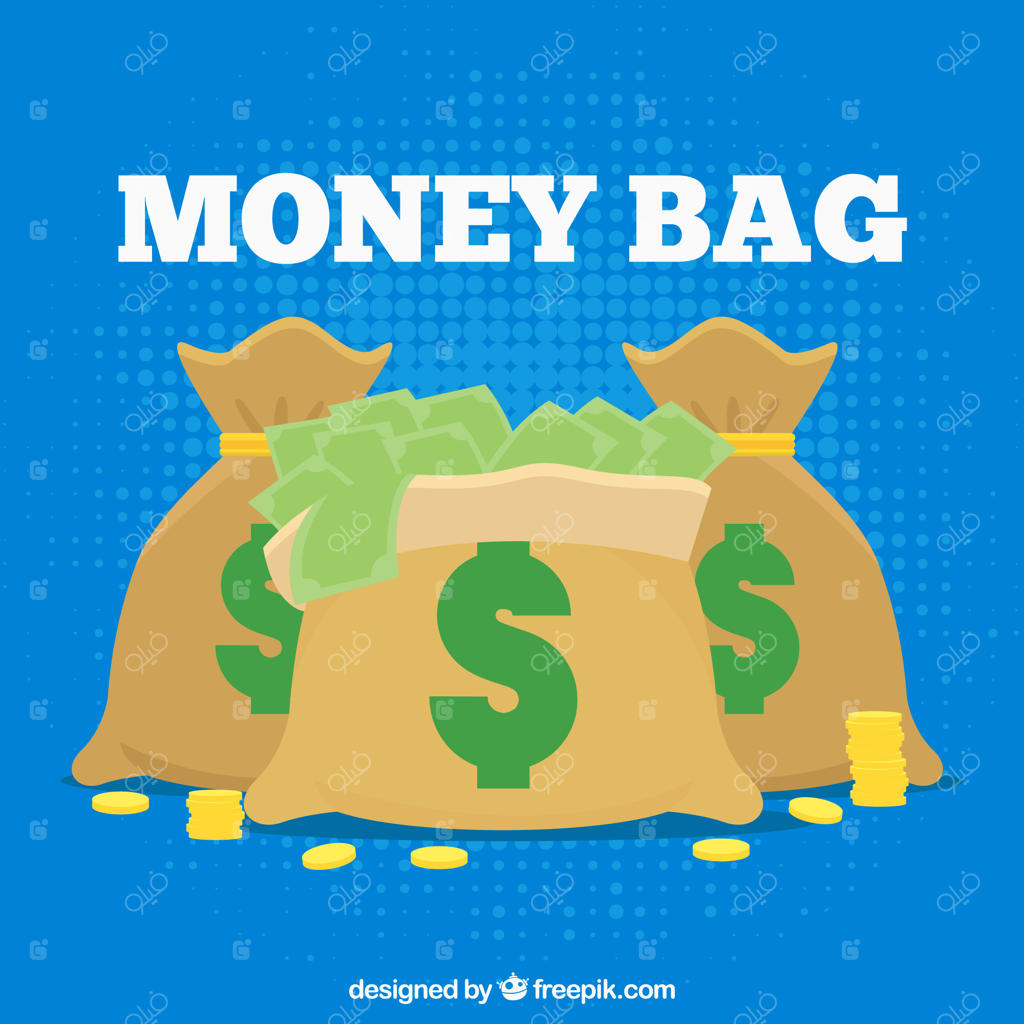 پس‌زمینه آبی کیف‌ها با اسکناس‌ها و سکه‌ها