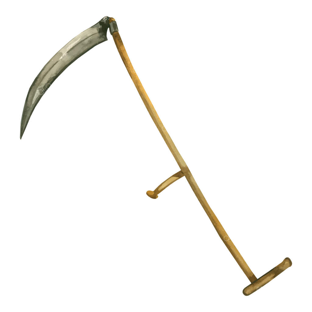 داس: ابزاری برای چمن‌زنی و درو. ابزار باغبانی نقاشی شده با آبرنگ و مجزا روی زمینه سفید. تصویرسازی آبرنگ. مناسب برای طراحی بسته‌بندی، جشنواره‌ها و هالووین.