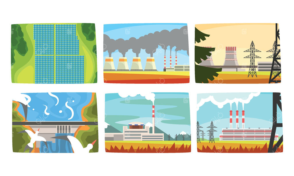 مجموعه‌ای از ایستگاه‌های تولید انرژی بوم‌زیستی سنتی و نوآورانه: نیروگاه آبی، نیروگاه‌های تولید برق، طراحی صفحات خورشیدی