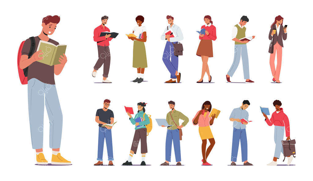 مجموعه‌ای از شخصیت‌های مرد و زن در حال کتاب‌خوانی از نژادها و فرهنگ‌های مختلف