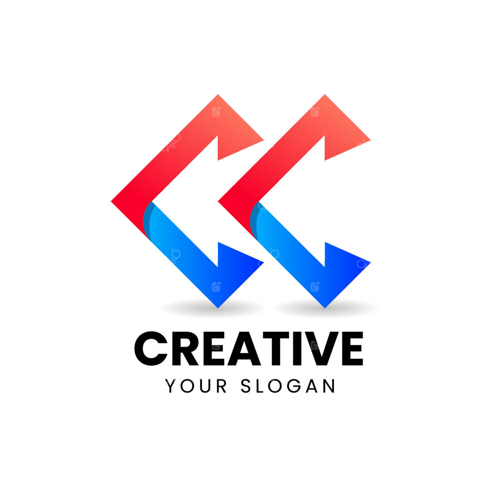 طراحی لوگو خلاقانه با حروف CC و آیکون فلش در فضای منفی
