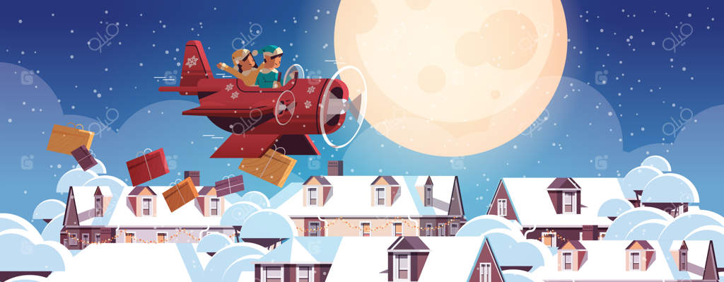 کارت تبریک جشن تعطیلات زمستان با تم الف‌ها در هواپیما با هدایا برای کریسمس و سال نو مبارک - تصویر برداری افقی