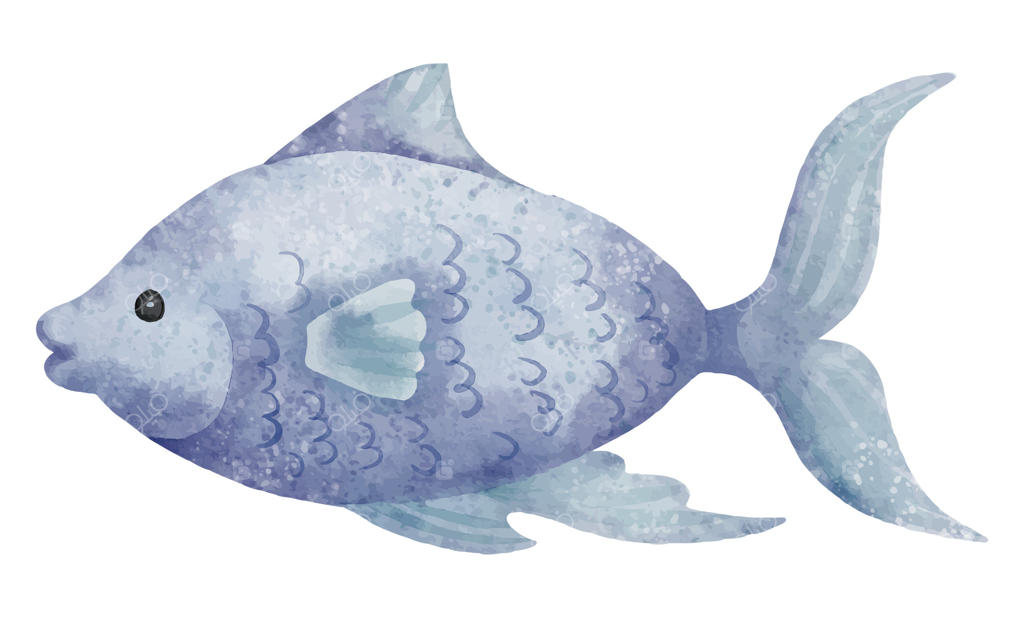 تصویر آبرنگی ماهی آبی پاستلی با باله‌های ظریف. طراحی جانوران دریایی برای کارت‌های تبریک کودکانه یا دعوت‌نامه‌های بچه‌ها. موجودات دریایی برای آیکون یا لوگو.