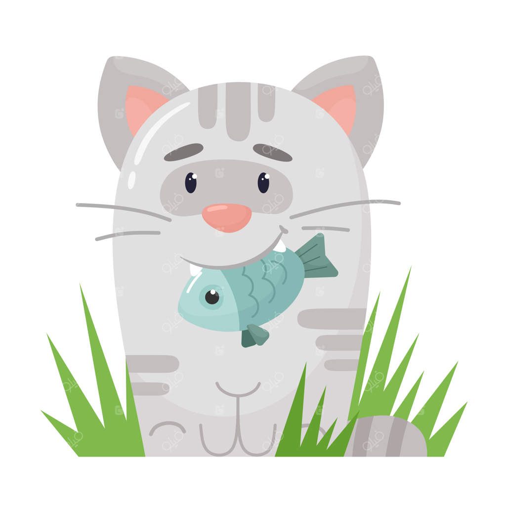 بچه‌گربه بامزه با ماهی در دهانش به سبک کارتونی تخت.