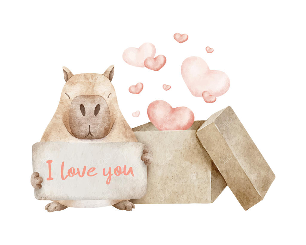 عاشقانه‌های کاپی‌بارا: اعتراف عشق و هدیه‌ای پر از قلب‌های پرواز. شخصیت عاشق. تصویر آبرنگی دست‌ساز برای روز ولنتاین، کارت تبریک، پوستر و بسته‌بندی محصولات