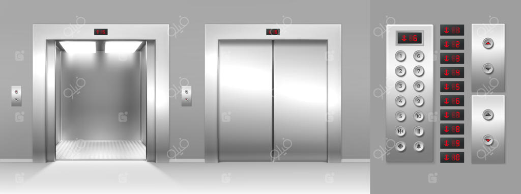 مجموعه ای از آسانسورهای واقع‌گرایانه با درهای باز و بسته، دکمه‌ها و نمایشگر طبقات. درب‌های فلزی سه‌بعدی و پنل داخلی آسانسورهای باری.