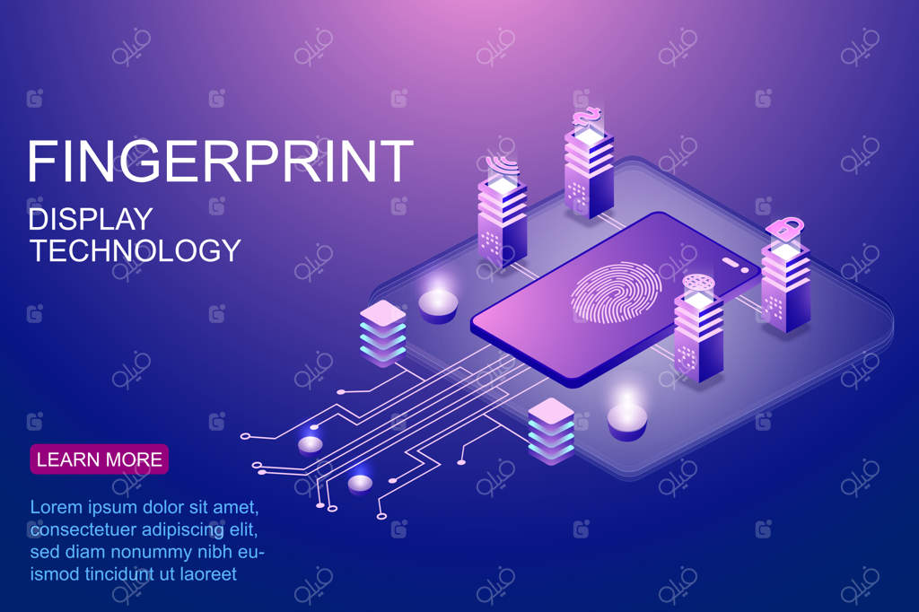 تصویر ایزومتریک از گوشی هوشمند با حفاظت اسکن اثر انگشت برای تبلیغ صفحه فرود فناوری ایمنی
