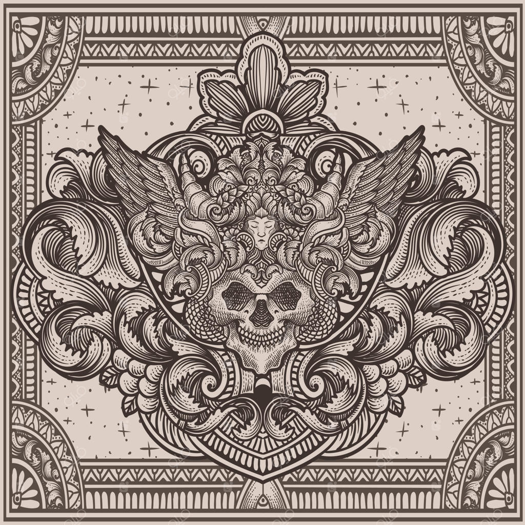 تصویری از یک جمجمه با تاج قدیمی و حکاکی‌های وینتیج