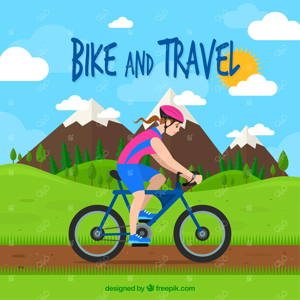 دختری دوچرخه‌سوار در پس‌زمینه‌ای از مناظر طبیعی