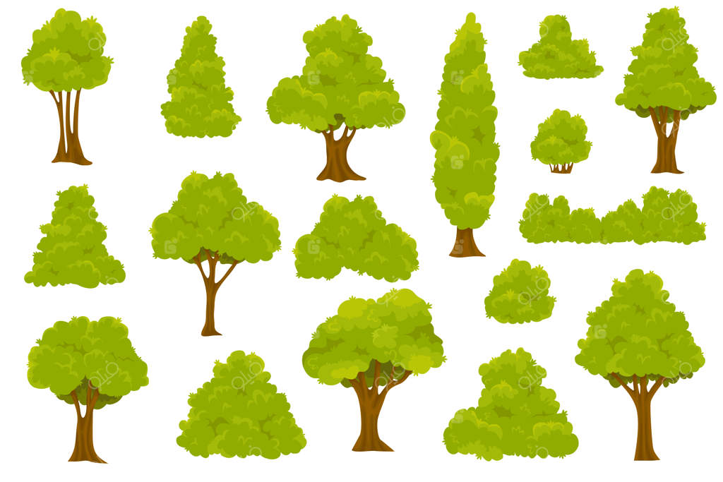 انیمیشن مفهومی از طبیعت: مجموعه‌ای از بوته‌ها، چمن‌ها و درخت‌های سبز جنگلی