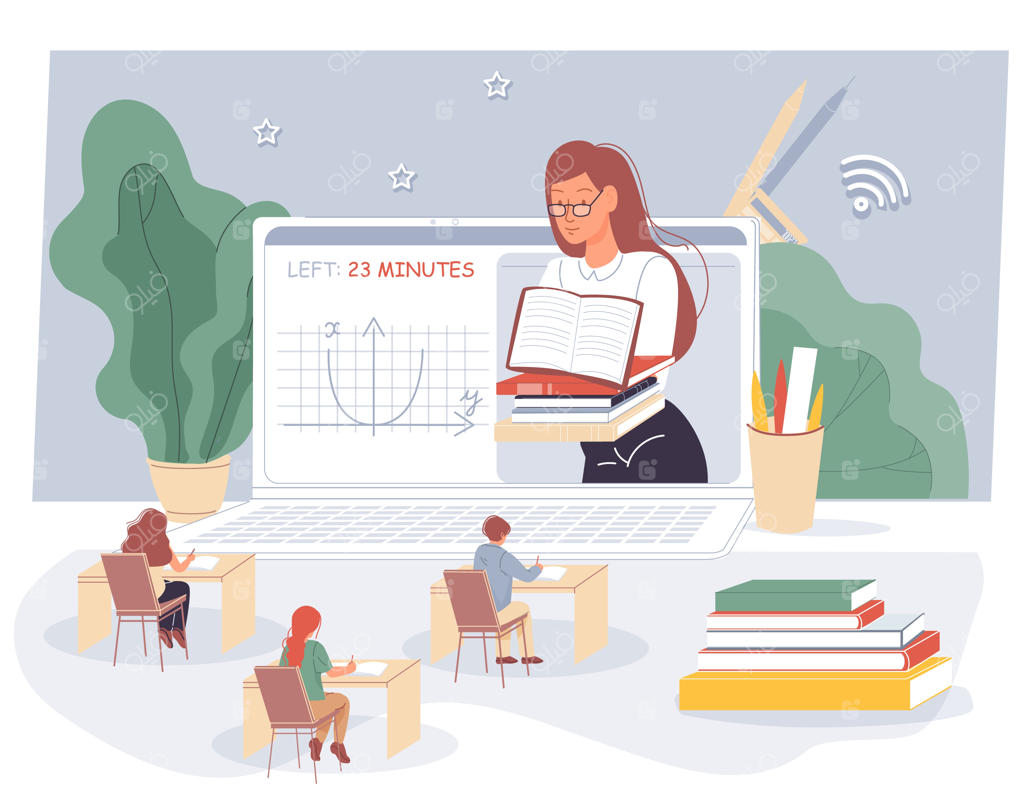 معلم خانم و دانش‌آموزان در حال درس خواندن در کلاس مجازی