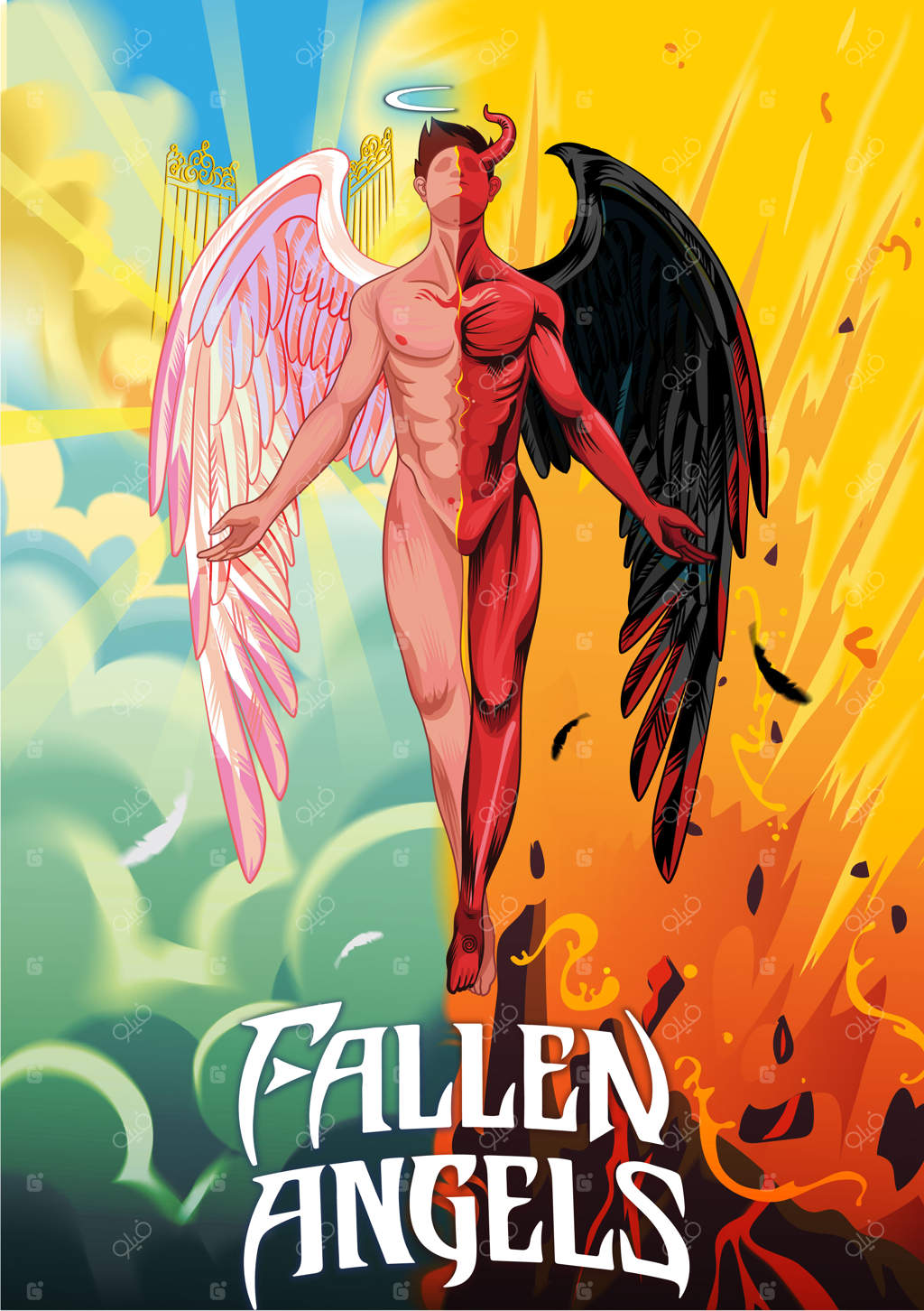 فرشته بالدار با پس‌زمینه هنری و طراحی دستی