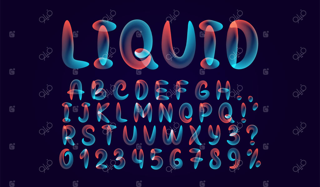 حروف رنگی سیال: فونت الفبای مایع در حال ذوب - طراحی سه‌بعدی بر روی زمینه سیاه