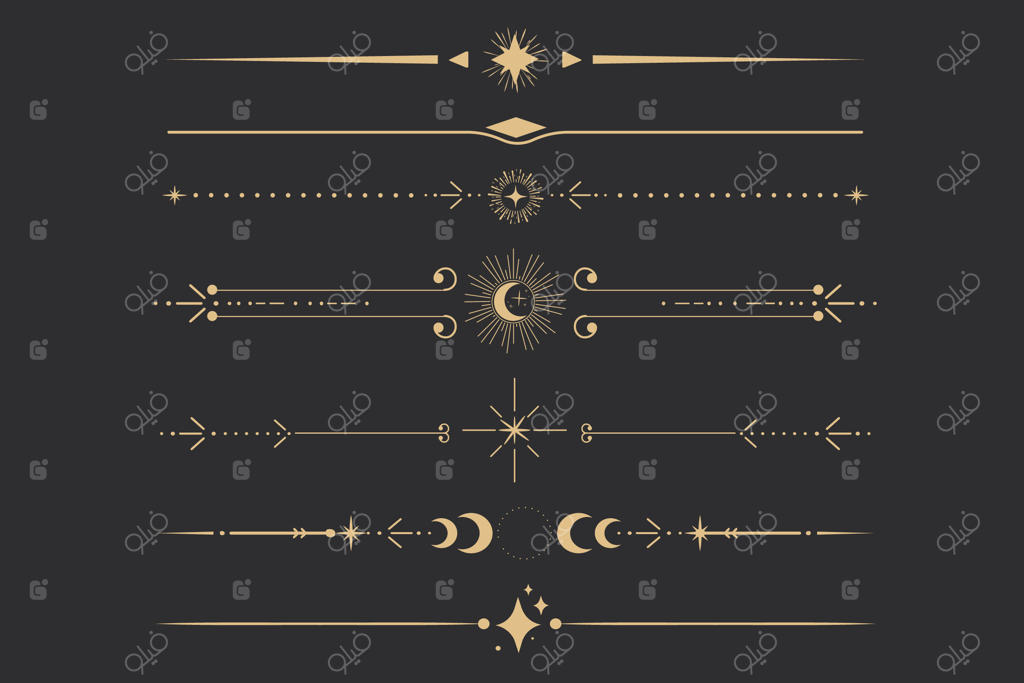 مرز طلایی آسمانی با ستاره‌ها، ماه و خورشید - خطی ظریف و شیک برای تزئین ساده، جداکننده اسرارآمیز کارت‌های تاروت، عنصر طراحی مینیمالیستی جادویی در زمینه تیره