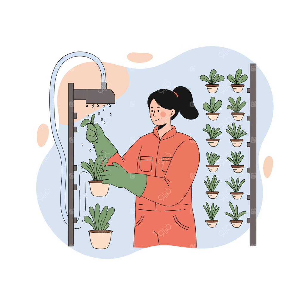 زن در حال آبیاری گیاهان با دستکش در تصویر باغ داخل خانه برای مراقبت از گیاهان و فعالیت باغبانی خانگی