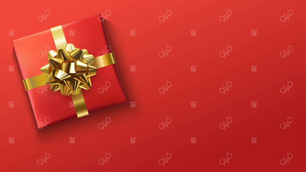 جعبه هدیه قرمز با پاپیون طلایی روی زمینه قرمز