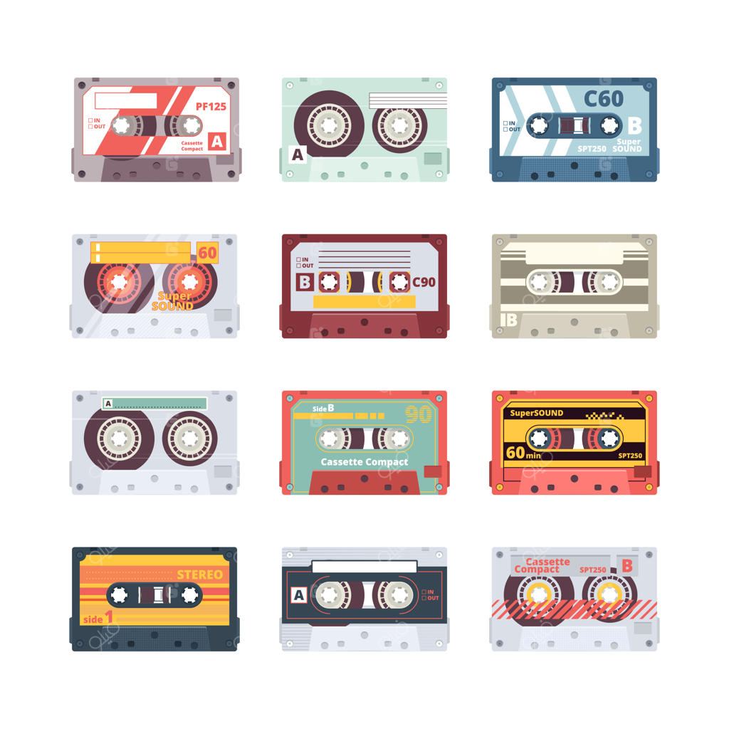 نوار کاست. پخش‌کننده صوتی الکترونیک، میکس‌تیپ‌های دهه ۸۰، فناوری‌های استریو، ضبط رادیویی، تصاویر تخت. تصویرسازی تجهیزات چندرسانه‌ای، رسانه‌های قدیمی