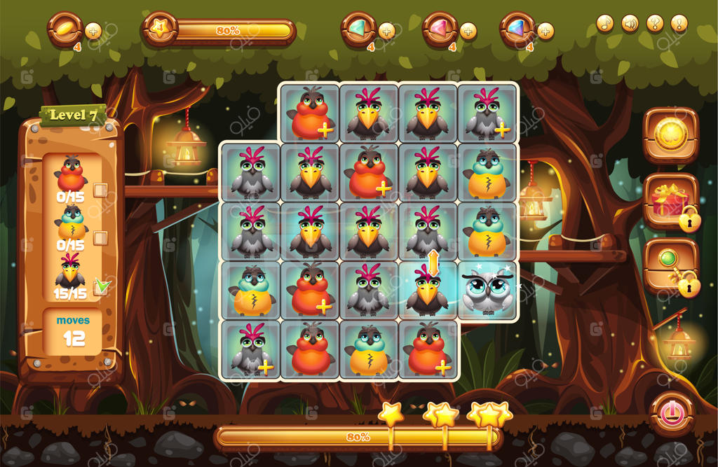 صفحه نمایش، میدان بازی با نیروزاها، نوار پیشرفت، قاب‌ها و شخصیت‌ها است