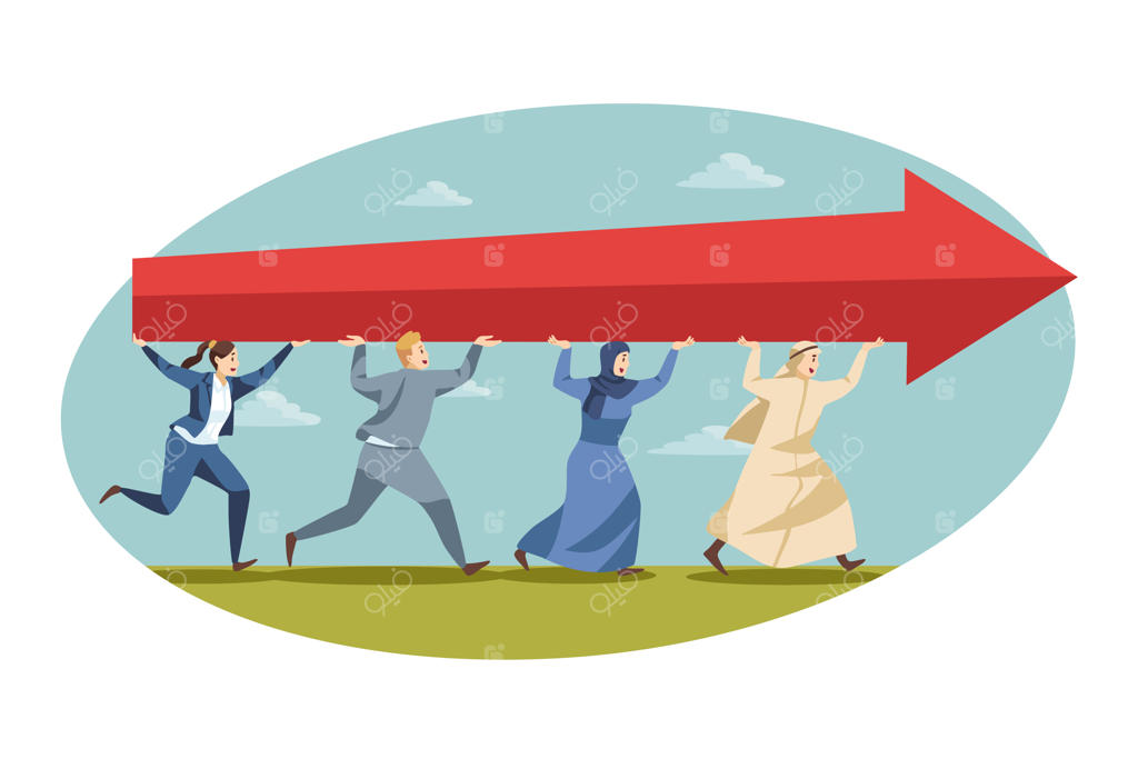 تیم‌کاری، استارتاپ، همکاری، موفقیت، مفهوم کسب‌وکار. تیمی از مدیران جوان مسلمان و مدیر زن عرب در حال حرکت به جلو با یک پیکان قرمز. همکاری موفقیت‌آمیز شرکتی.