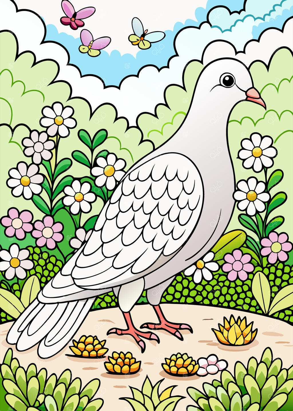 کبوتر در باغ، صفحه رنگ‌آمیزی برای کودکان، نقاشی خطی
