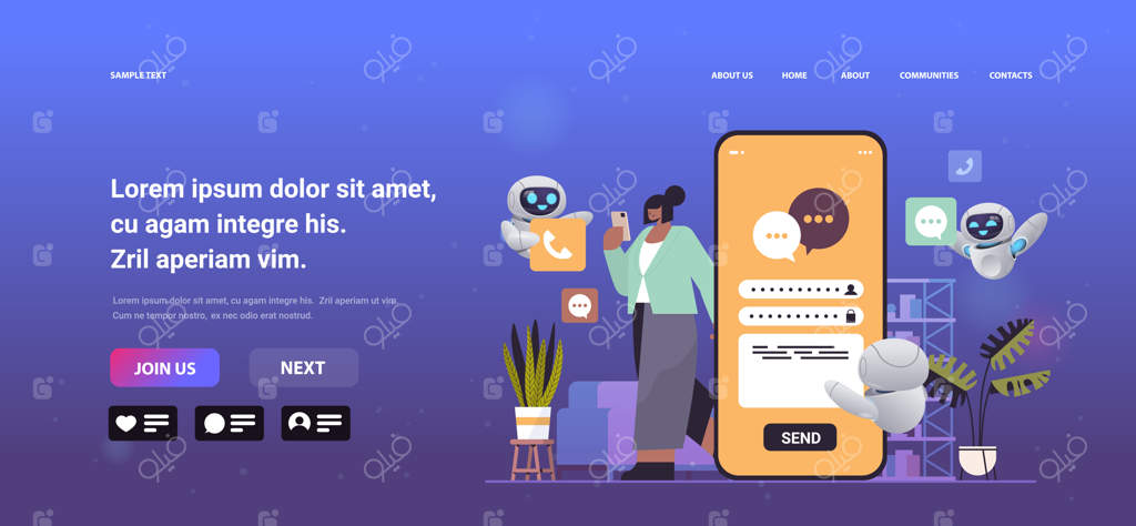 زن تاجر با چت‌بات‌ها در حال تایپ پیام روی گوشی هوشمند در شبکه‌های اجتماعی و اپلیکیشن آنلاین ارتباطی